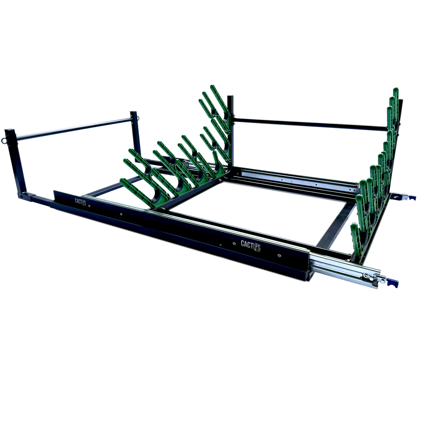 Cactus Rack holding skis for pickup truck bed with sliding base